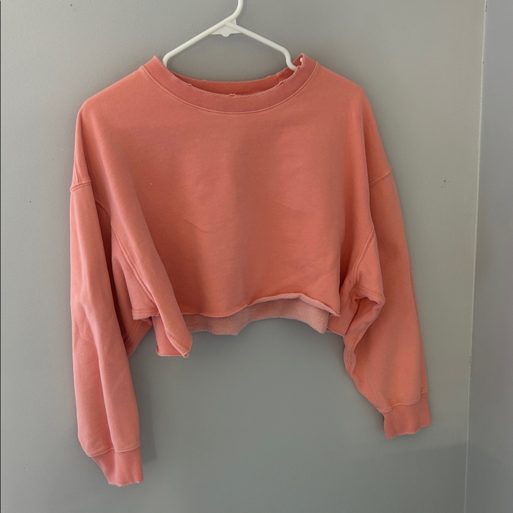 American Eagle Outfitters Cropped Raw-Hem Sweatshirt - Coral Pink